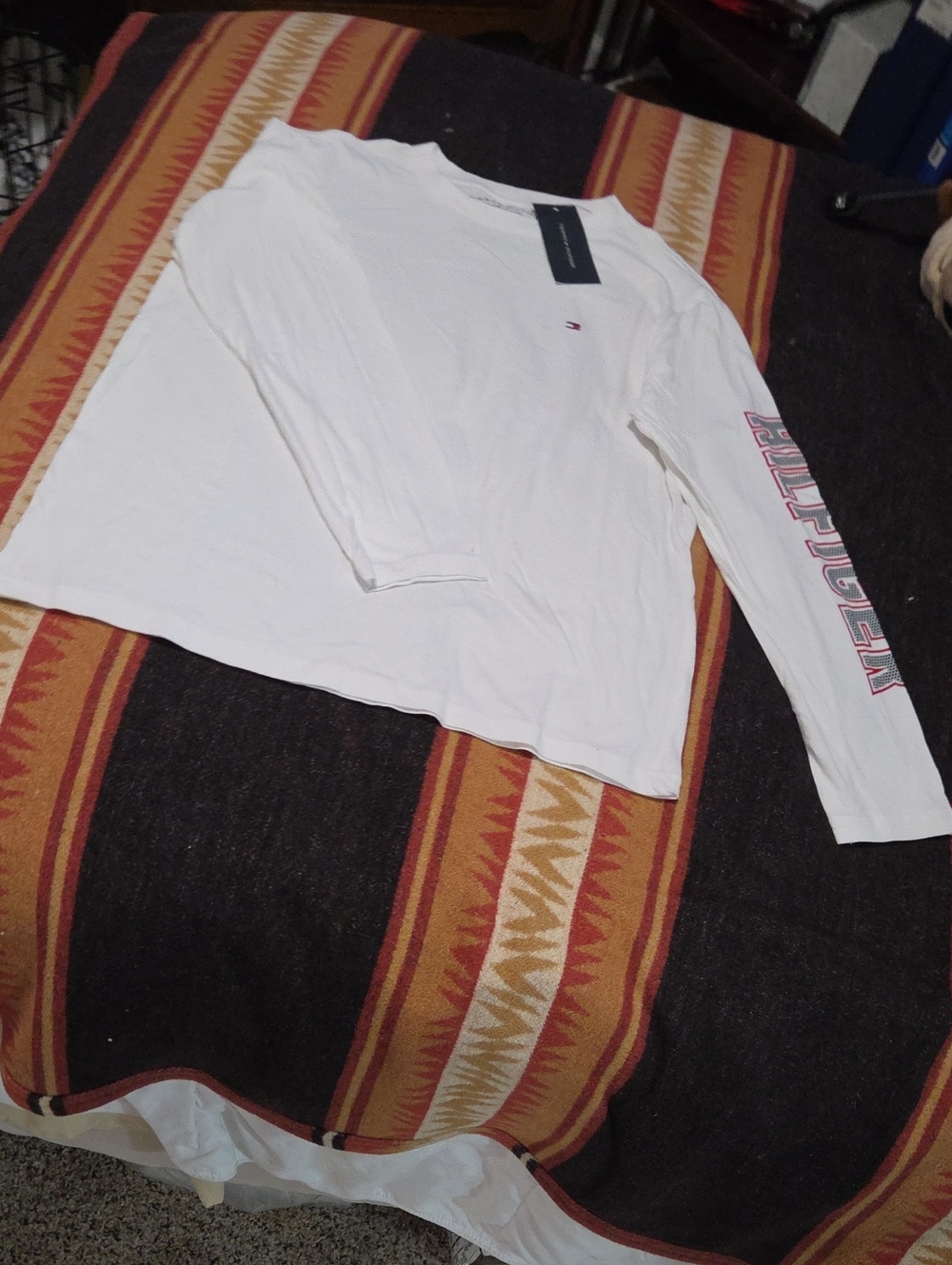 Tommy Hilfiger White Long-Sleeve Logo Tee with Branded Sleeve